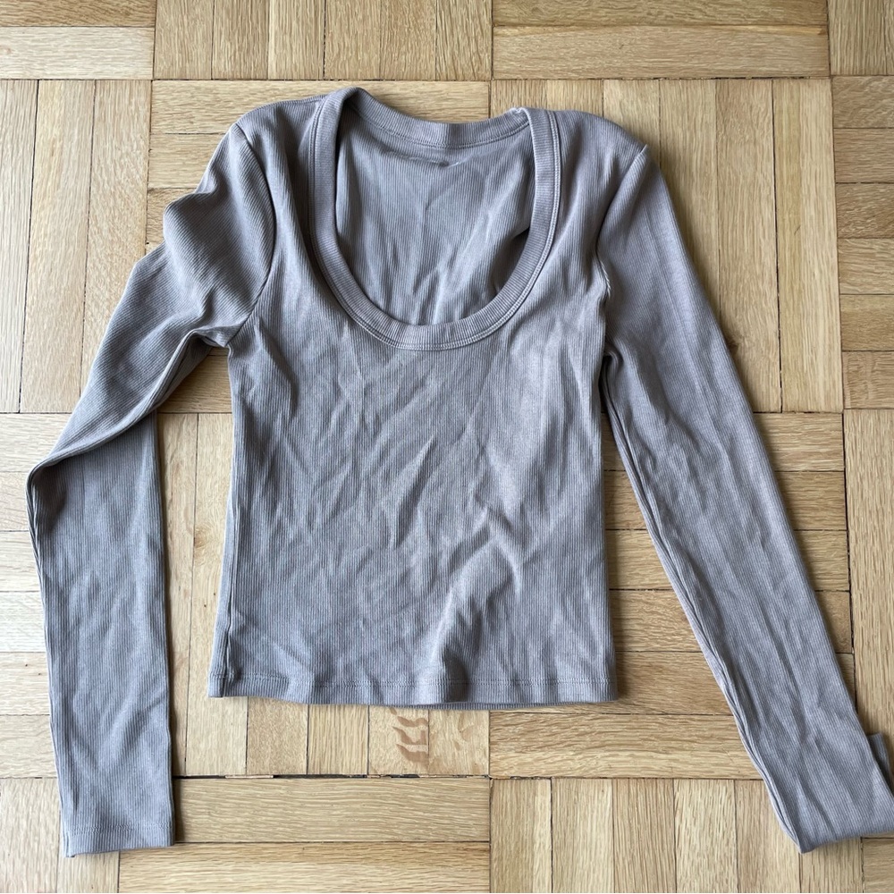 Abercrombie & Fitch Soft Essentials Khaki/Taupe Scoop Ribbed Long Sleeve